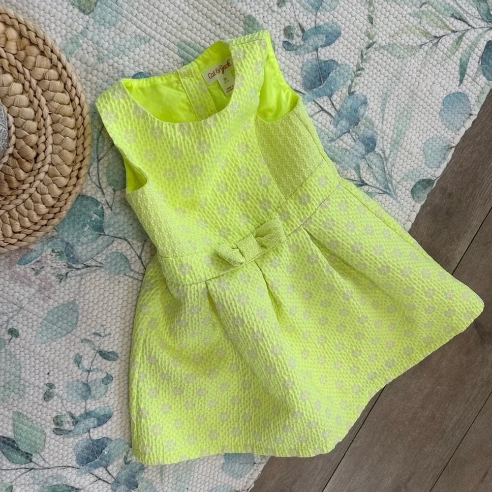 New Cat & Jack Toddler Girl Neon Lime Green Formal Floral Sleeveless Dress 2T